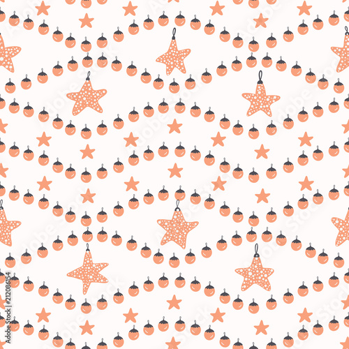 Festive Christmas Baubles Stars, Hand Drawn Grey, White Orange Seamless Vector Pattern, Trendy Winter Illustration for Fashion Prints, Stationery, Xmas Decor, Gift Wrap & Seasonal Web Backgrounds