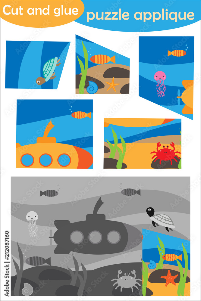 Underwater in cartoon style, education puzzle game for development of preschool children, use scissors and glue to create the applique, cut parts of the image and glue on paper, vector illustration