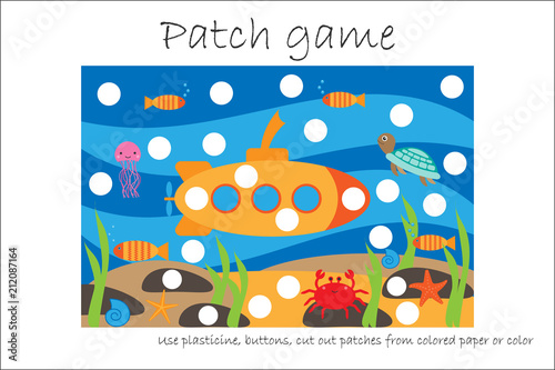 Education Patch game underwater for children to develop motor skills, use plasticine patches, buttons, colored paper or color the page, kid preschool activity, printable worksheet, vector illustration