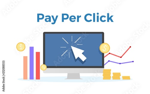 Pay Per Click vector flat illustration. Concept for mobile bank and internet payment, tax process. Flat banner, eps 10 tax process