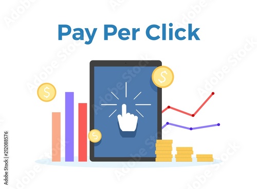 Pay Per Click vector flat illustration. Concept for mobile bank and internet payment, tax process. Flat banner, eps 10 tax process