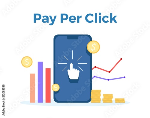 Pay Per Click vector flat illustration. Concept for mobile bank and internet payment, tax process. Flat banner, eps 10 tax process