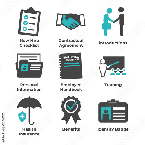 New Employee Hiring Process icon set   w checklist, handshake, training, etc