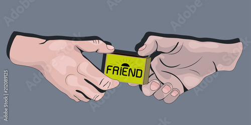 Hands with a matchbox labeled friend. Picture for t-shirt, postcard, poster, sticker. International friendship day.