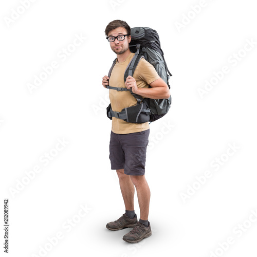 Foto Wanderer mit großem Rucksack isoliert auf weiß