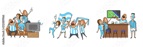Argentinian national football team supporters cheering at home, in the bar together. Set of football fans with national attributes. Colored flat vector illustration. Isolated on white background.