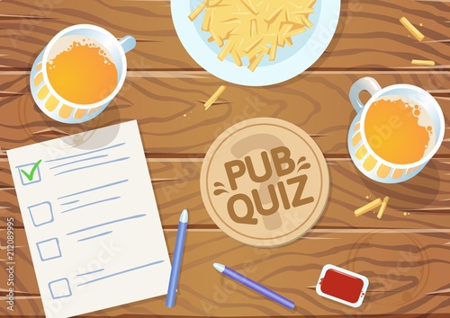 Quiz night in the pub. Wooden pub table with quiz list, fries and beer. Vector illustration. Horizontal. photo