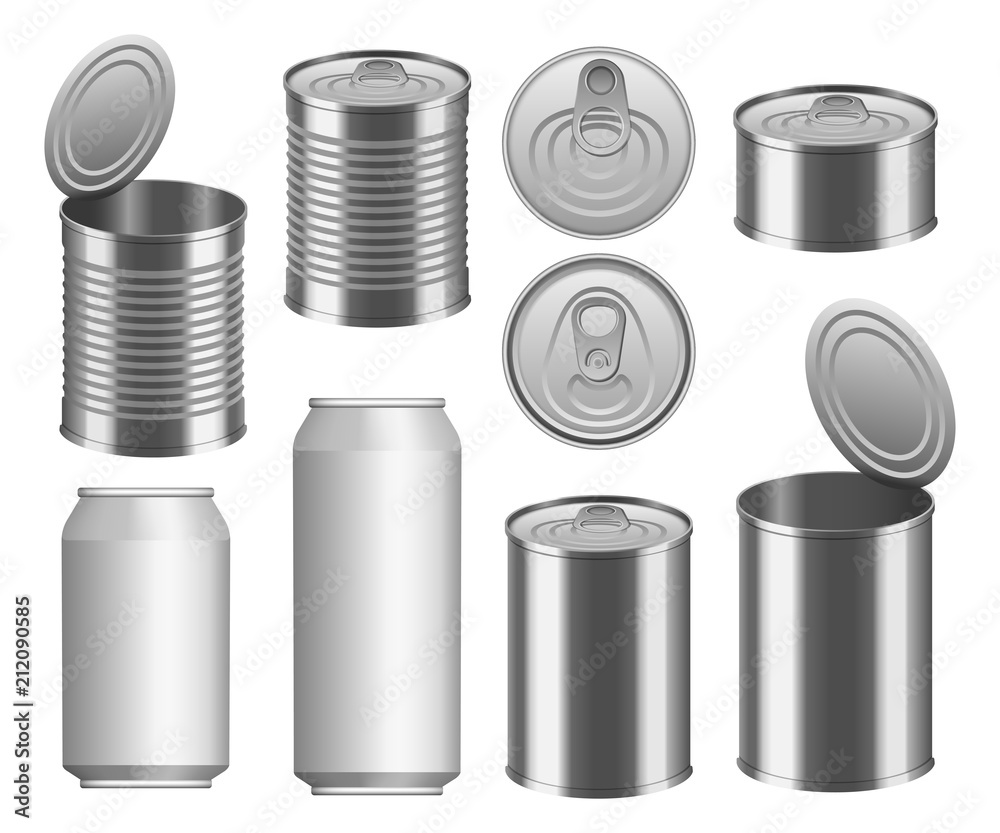 Tin can food package jar mockup set. Realistic illustration of 9 tin can food package jar mockups for web Tin can food package jar mockup set. Realistic illustration of 9 tin can food package jar mockups for web