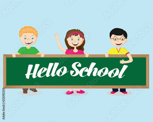 Joyful children hold a school board and it says hello school