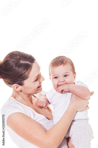 Mother holding her child on a white background