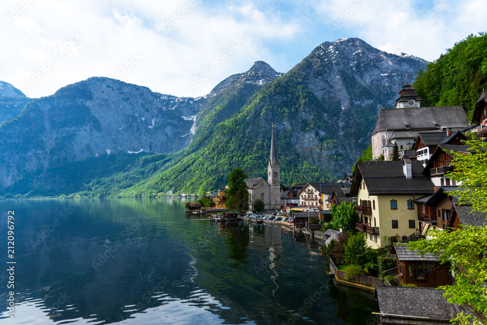 Scenic postcard view of the famous Hallstatt in the Austrian Alps in the summer morning, Salzkammergut district, Austria.