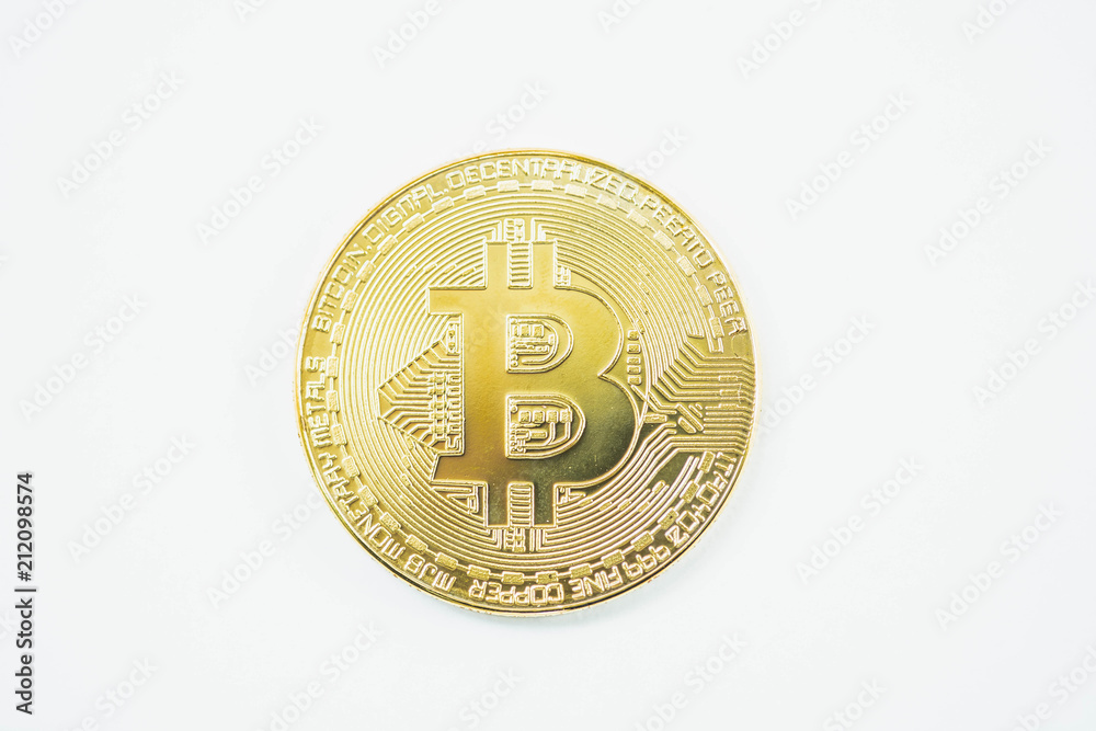 Golden bitcoin on white. Close up of golden bitcoin coin crypto Currency on white background . Golden bitcoin on white. Close up of golden bitcoin coin crypto Currency on white background .