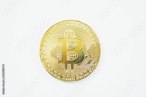 Golden bitcoin on white. Close up of golden bitcoin coin crypto Currency on white background .