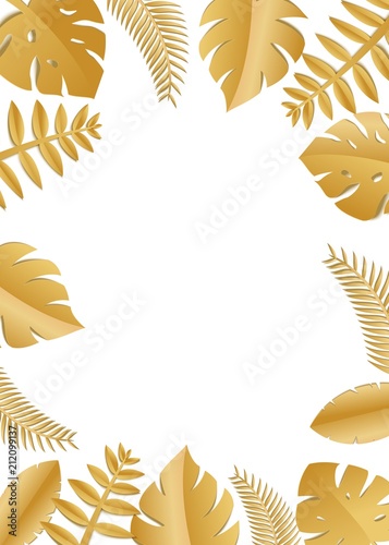 Composition with luxury golden jungle leaves on white background in paper cut style. Tropical gold leaf frame, template for design poster, banner, flyer weddingcard, Vector illustration.