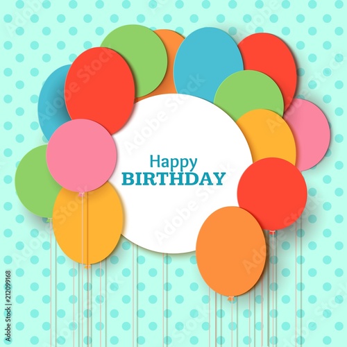 Happy Birthday greeting card template with white round frame. Flying paper cut balloons on blue background. Vector applique illustration. Flat festive balloons decoration for design party, card, gift