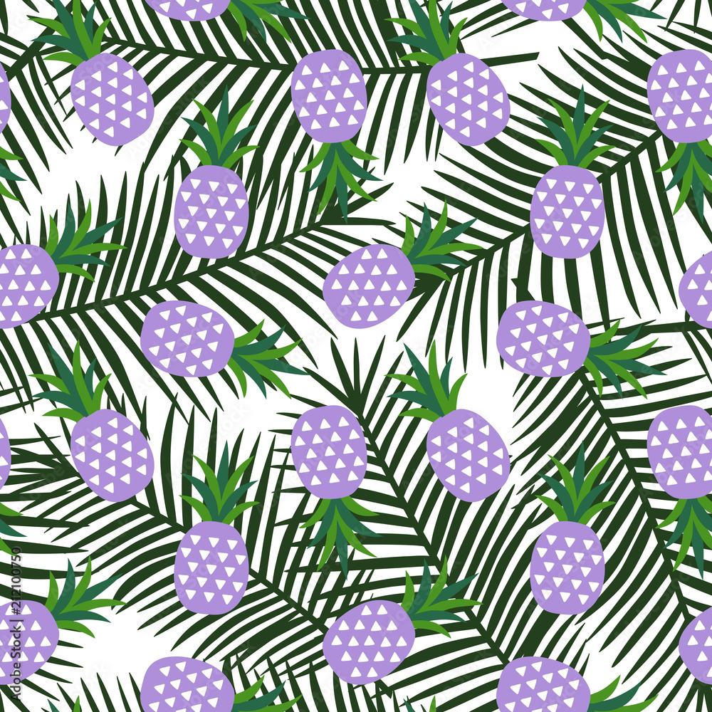 Fototapeta fioletowy ananas z trójkątami geometryczny owoc lato tropikalny egzotyczny hawaje słodki wzór na zielonym tle liści palmowych wektor bez szwu