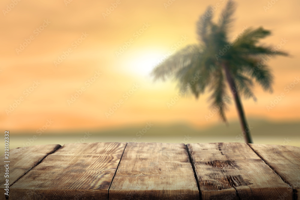Desk of free space and summer landscape of plam and sea 