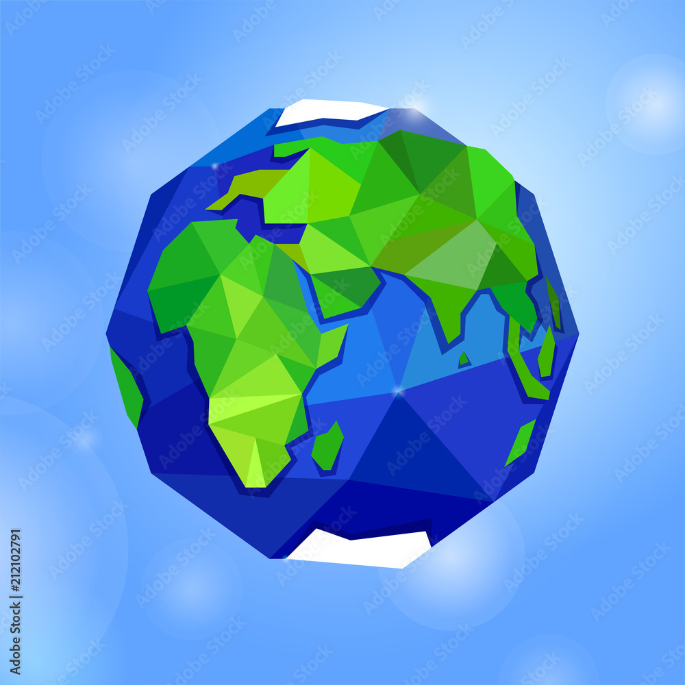 Blue and green icon of globe, earth, planet or world on sky. Geometric style Blue and green icon of globe, earth, planet or world on sky. Geometric style