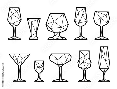 Set polygonal icon wine, champagne, martini glass. Black and white. JPG with isolated path