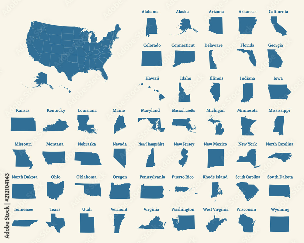 Naklejka premium Zarys mapy Stanów Zjednoczonych Ameryki. Stany USA. Ilustracji wektorowych.