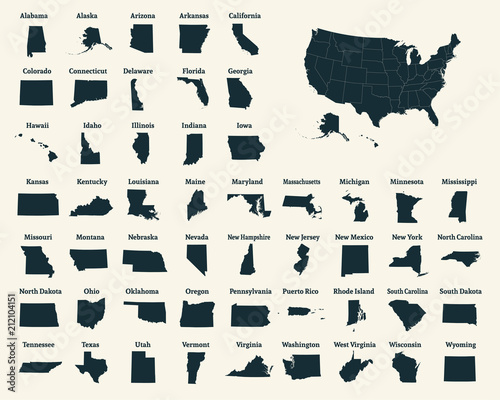 Outline map of the United States of America. 50 States of the USA. US map with state borders. Silhouette of the USA. Vector