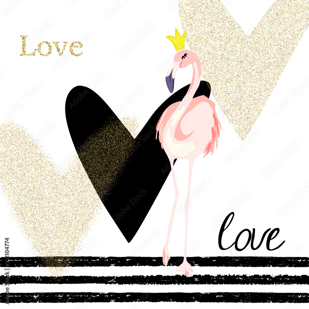 Creativity card with flamingo and gold glitter hearts. For flyers
