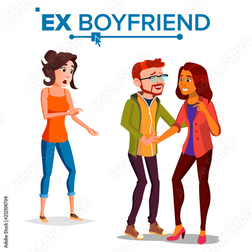 Ex Boyfriend Vector. Young Couple. Past Relationship Concept. Unhappy Woman. Divorce. Jealousy, Love Triangle. Isolated Flat Cartoon Illustration