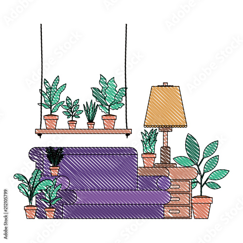 living room with houseplants scene vector illustration design