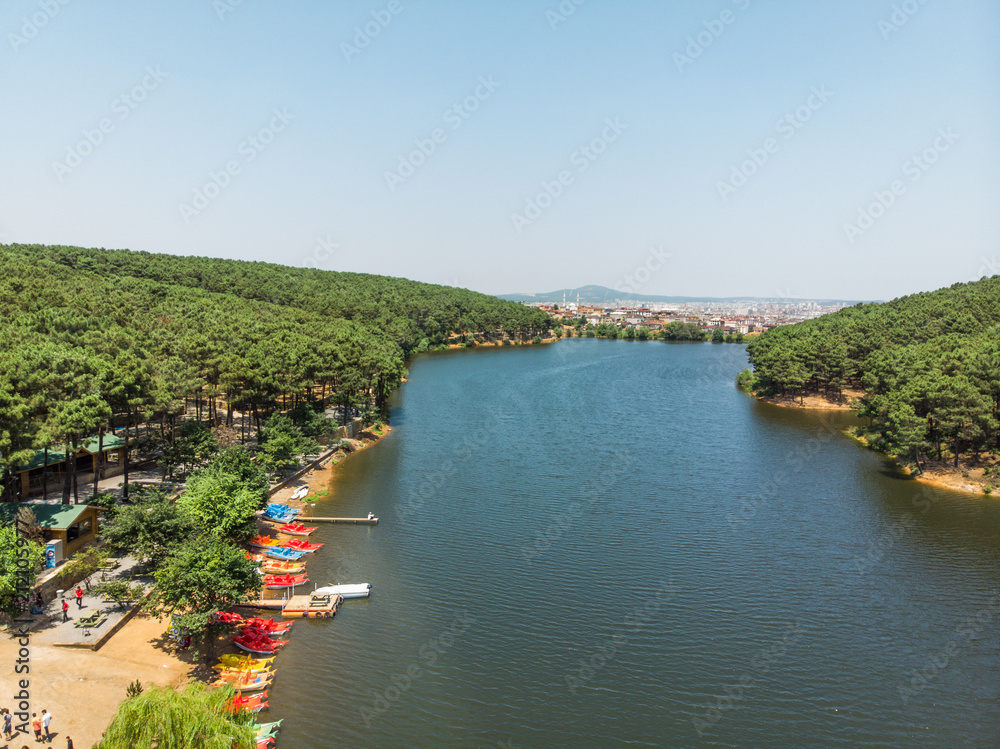 Aerial Drone View of Aydos Forest Lake with Summer Pedalo Boats in Istanbul