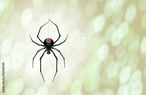 robot black widow spider hanging from a single web line