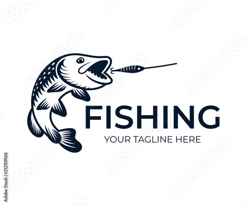 Fishing, fish pike attack wobbler, logo template. Freshwater fish northern pike (Esox lucius), pickerel, underwater animal and wildlife, vector design, nature illustration