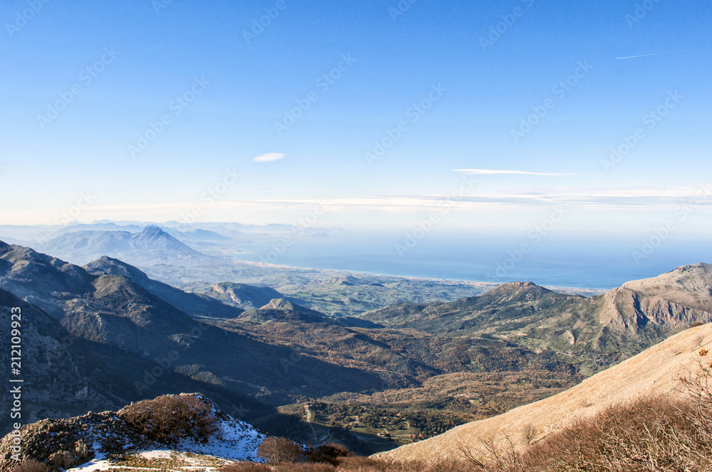 Hiking on the highest peak of the Madonie mountains park: Pizzo Carbonara  from Piano Battaglia. This is the stunning view from the second highest  peak in Sicily after Etna. Italy, Europe. Stock