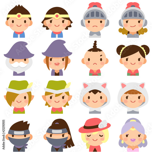 ゲームキャラクター　ファンタジー　RPG　伝説の勇者様御一行　顔　かわいい　フラット　アイコン　セット	