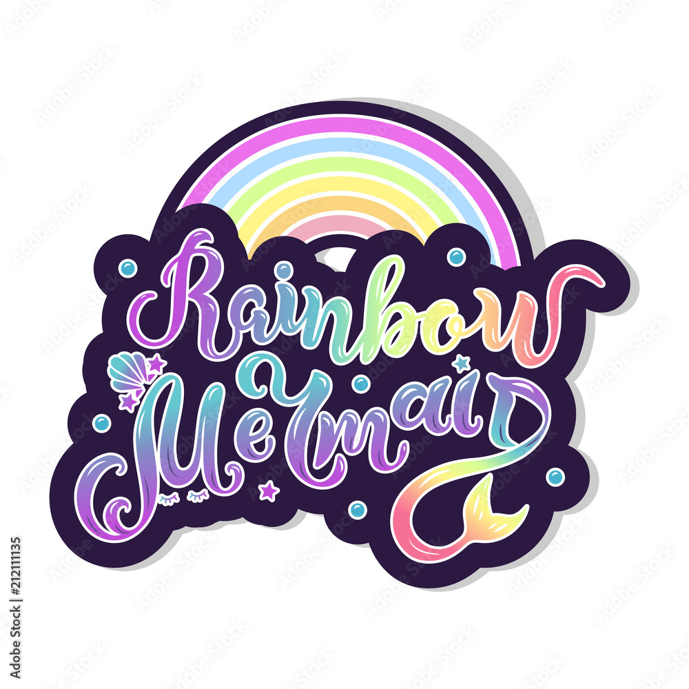 Rainbow Mermaid text isolated on background. Hand drawn lettering Rainbow Mermaid as logo, poster, sticker, patch. Calligraphy for Mermaid party, birthday, invitation, baby shop, t-shirt design. Rainbow Mermaid text isolated on background. Hand drawn lettering Rainbow Mermaid as logo, poster, sticker, patch. Calligraphy for Mermaid party, birthday, invitation, baby shop, t-shirt design.