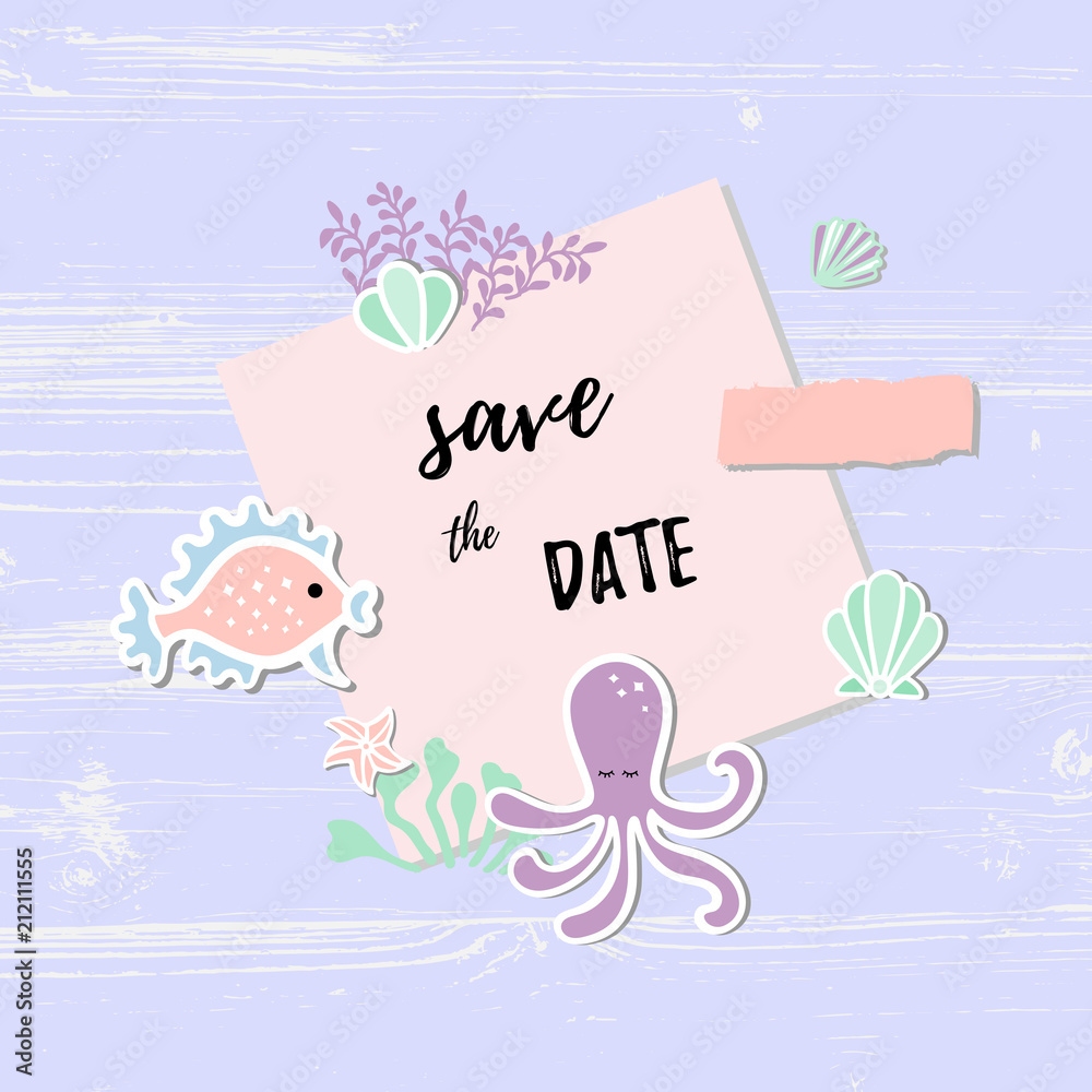 Vector illustration with octopus, fish, seashells. Text copy template for birthday, greeting card, aprty invitation, flyer, cover, summer party, menu, web. Vector illustration with octopus, fish, seashells. Text copy template for birthday, greeting card, aprty invitation, flyer, cover, summer party, menu, web.