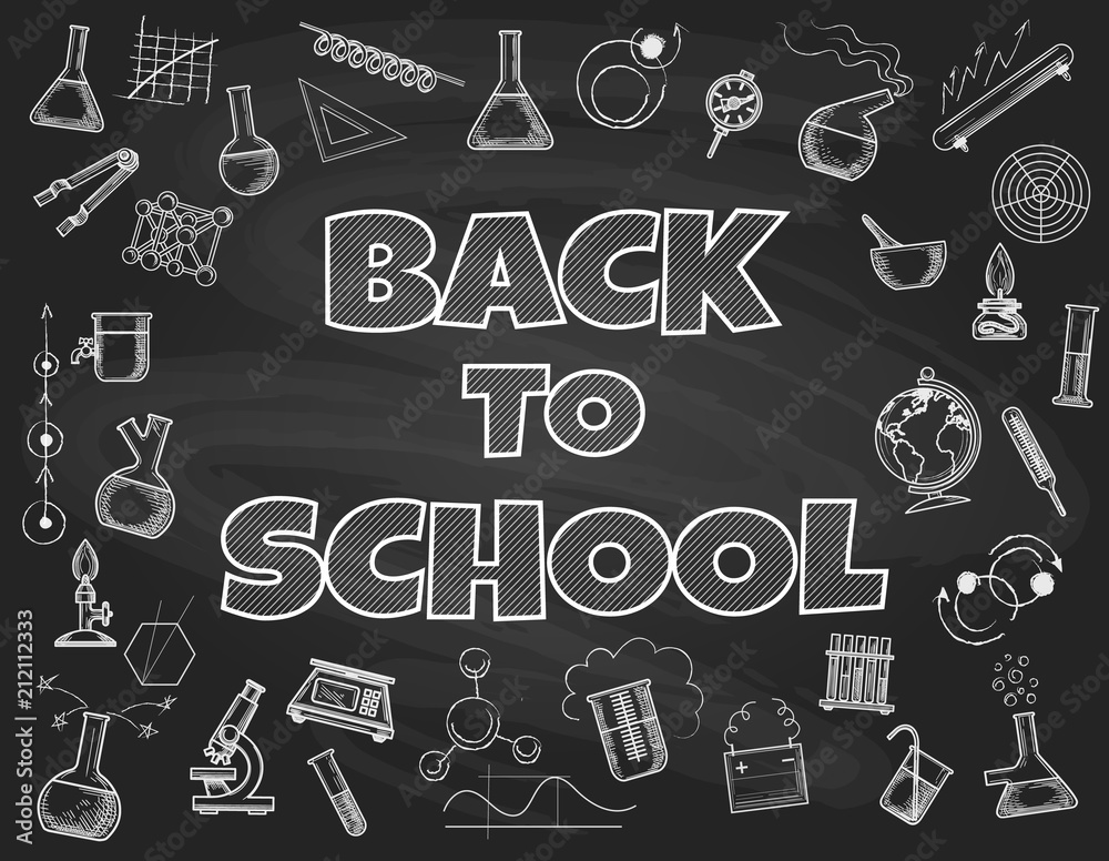 Chalk board back to school background. Schools blackboard doodles drawings banner, education or learning start vector concept Chalk board back to school background. Schools blackboard doodles drawings banner, education or learning start vector concept