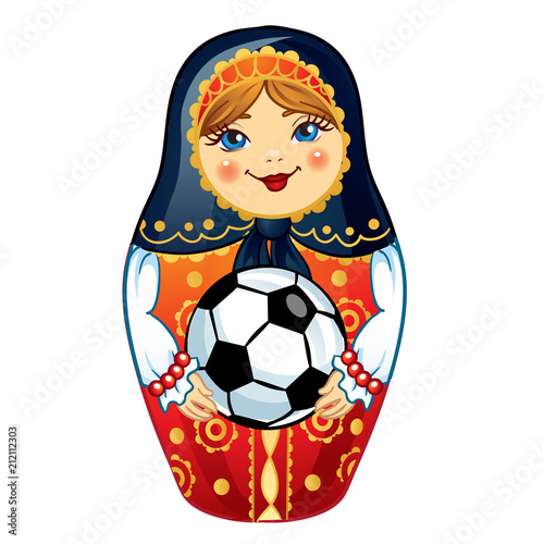 Russia symbol with soccer ball. Vector traditional russian nesting doll with football ball.