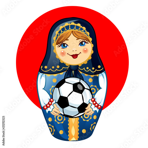 Russian Doll Matrioshka. Vector traditional russian nesting doll with football ball.