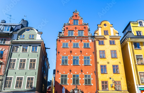 Stortorget square in Old Town (Gamla Stan) in Stockholm, the capital of Sweden. Colorful houses at famous Stortorget town square in Stockholm's historic Gamla Stan