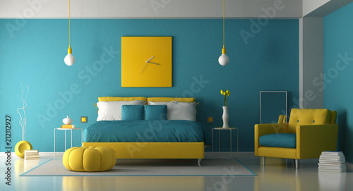 Blue and yellow master bedroom photo