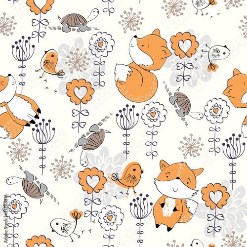 Vector hand drawn seamless pattern. Cute cartoon fox with flowers.