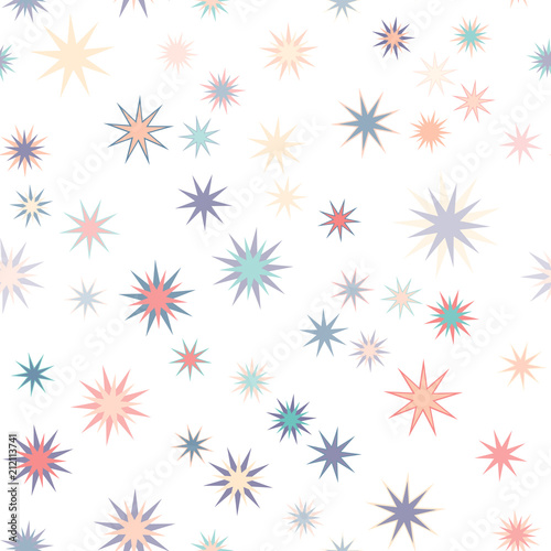 Seamless vector repetitive background with multicolored stars on white background.