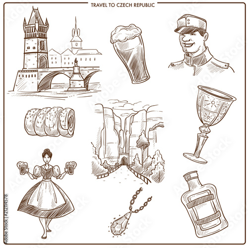 Czech travel and Prague vector sketch symbols