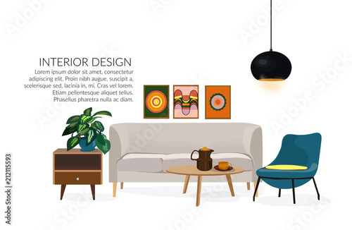 Furniture. Interior. Living room with sofa, table, lamp, pictures, mirror. sitting room with id century modern style. vector interior design illustration.