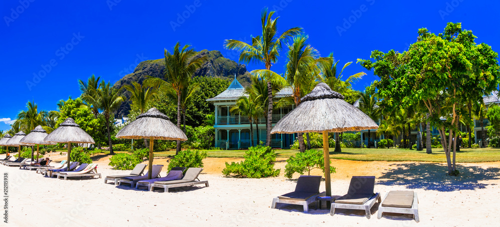 Relaxing beach holidays in tropical paradise of Mauritius island. Le Morne
