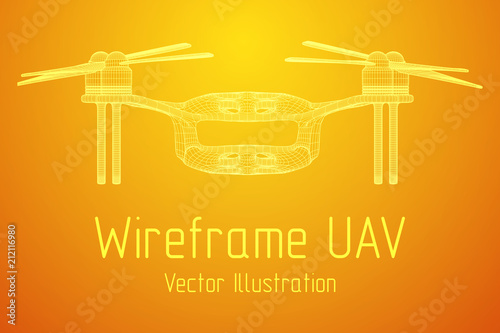 Remote control air drone. Dron flying with action video camera. Wireframe low poly mesh vector illustration
