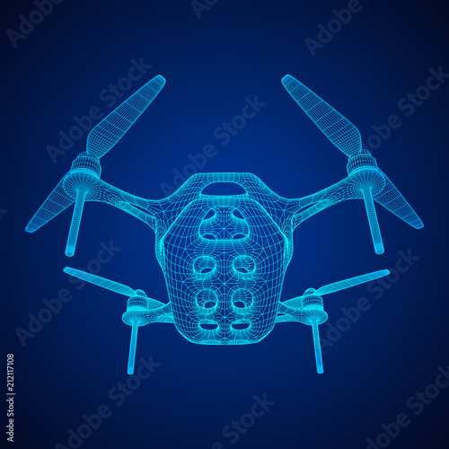 Remote control air drone. Dron flying with action video camera. Wireframe low poly mesh vector illustration