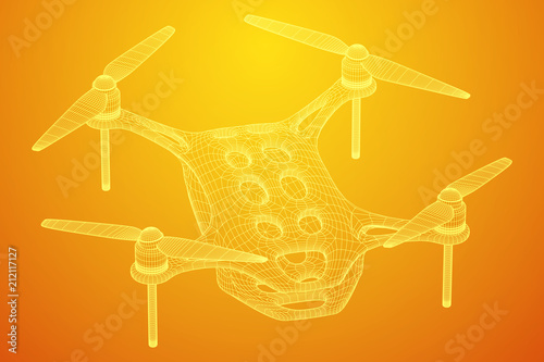 Remote control air drone. Dron flying with action video camera. Wireframe low poly mesh vector illustration