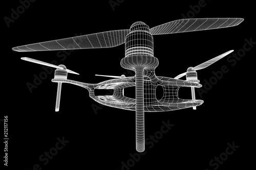 Remote control air drone. Dron flying with action video camera. Wireframe low poly mesh vector illustration