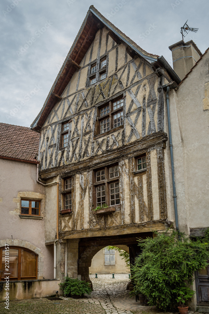 Half timbered houses in the picturesque town of Noyers sur Serein, Burgundy